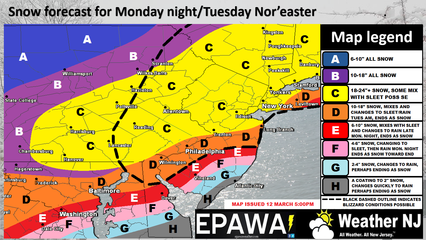 snow map for Monday-Tuesday in New Jersey winter storm with potential blizzard