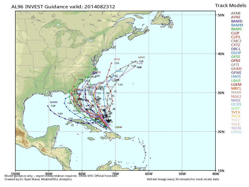 tropical spahgetti models for invest 96L show ane xpected track near the east coast