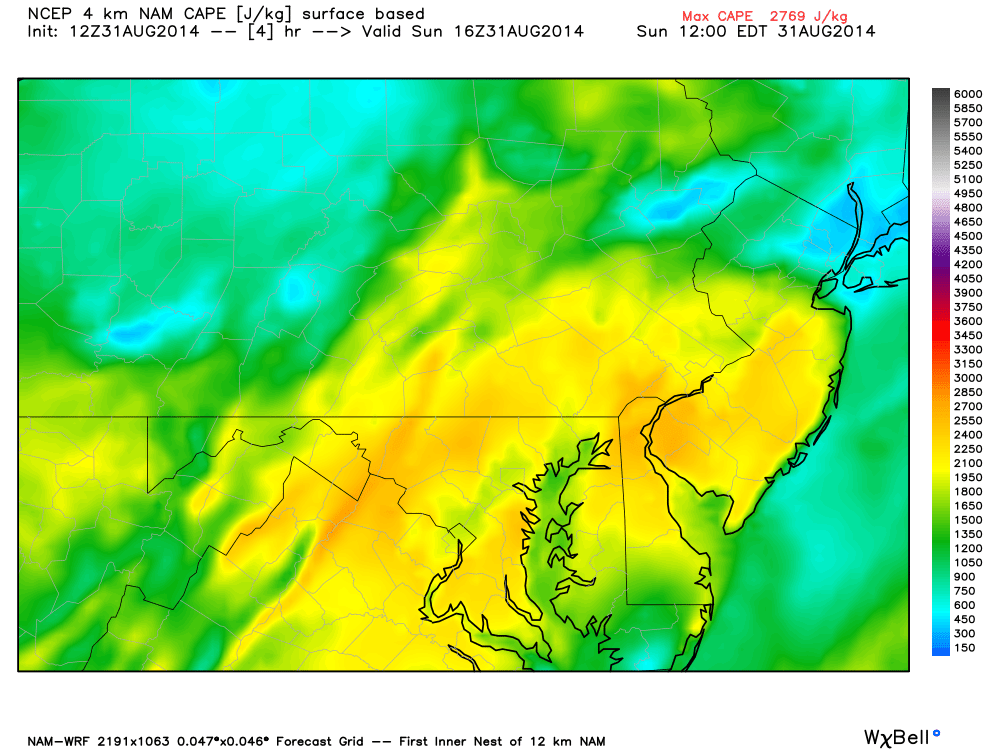 convective available potential energy (CAPE) will increase today with diurnal surface heating