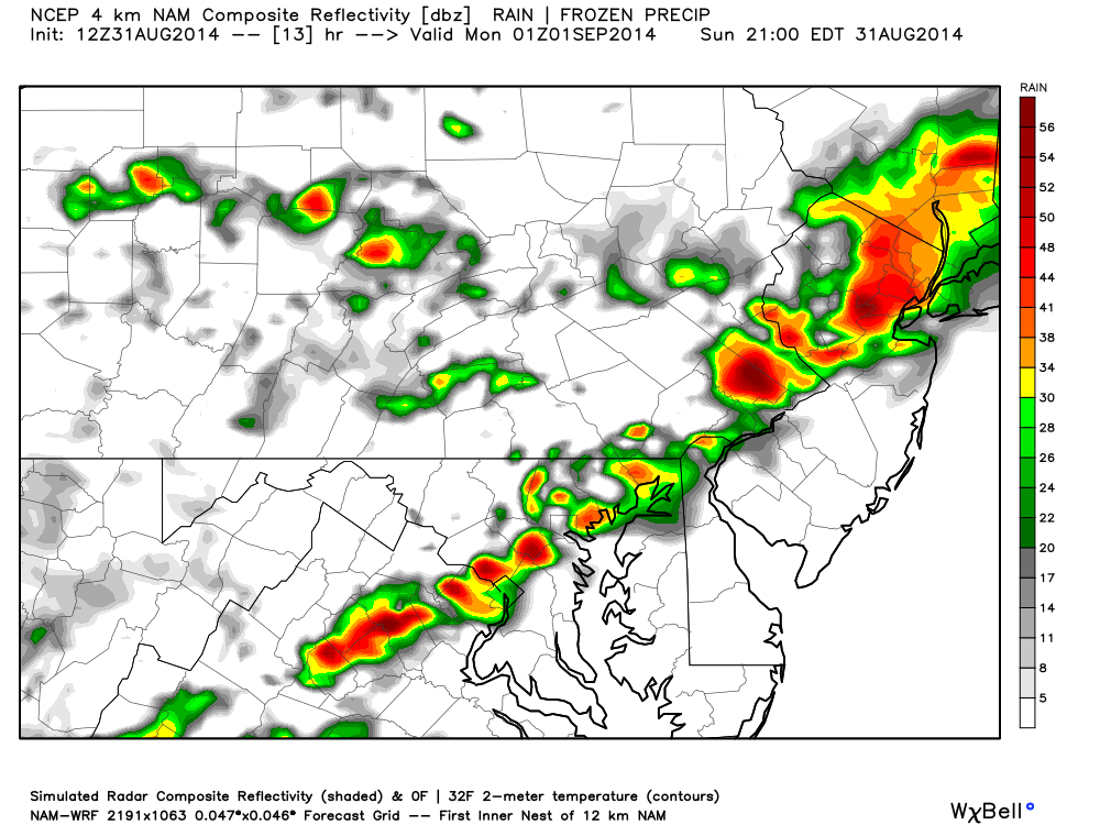NAM model 4km short-range shows thunderstorms approaching new jersey this evening