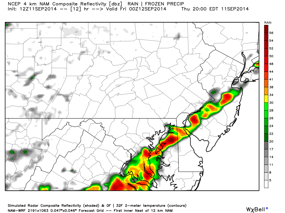 high-resolution 4km NAM shows a line degment of showers and thunderstorms over new jersey around 7PM