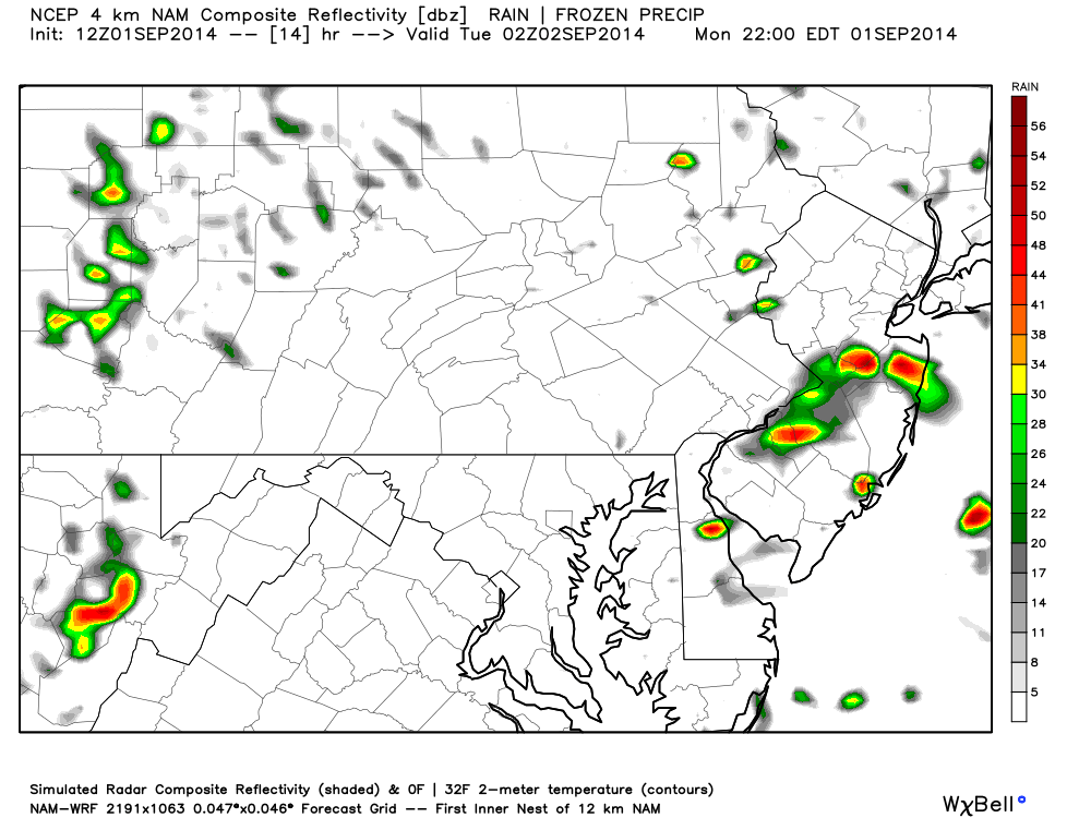 high-res NAM 4km showing scattered showers and storms on labor day in new jersey