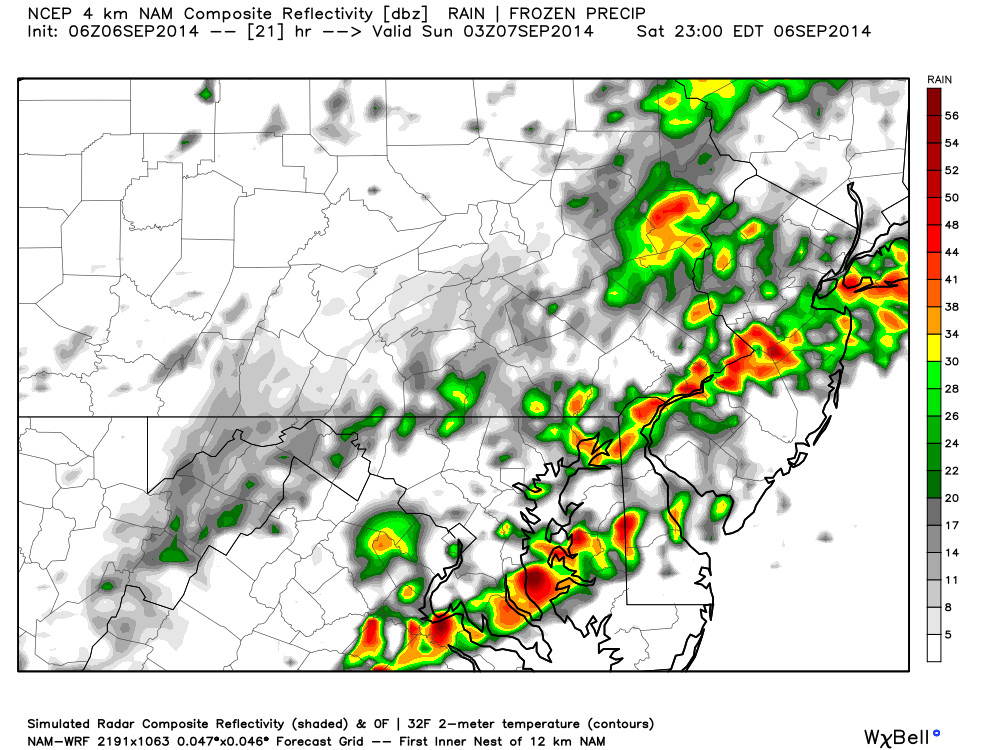 high resolution NAM weather model indicates thunderstorms moving through new jersery between 8PM and midnight