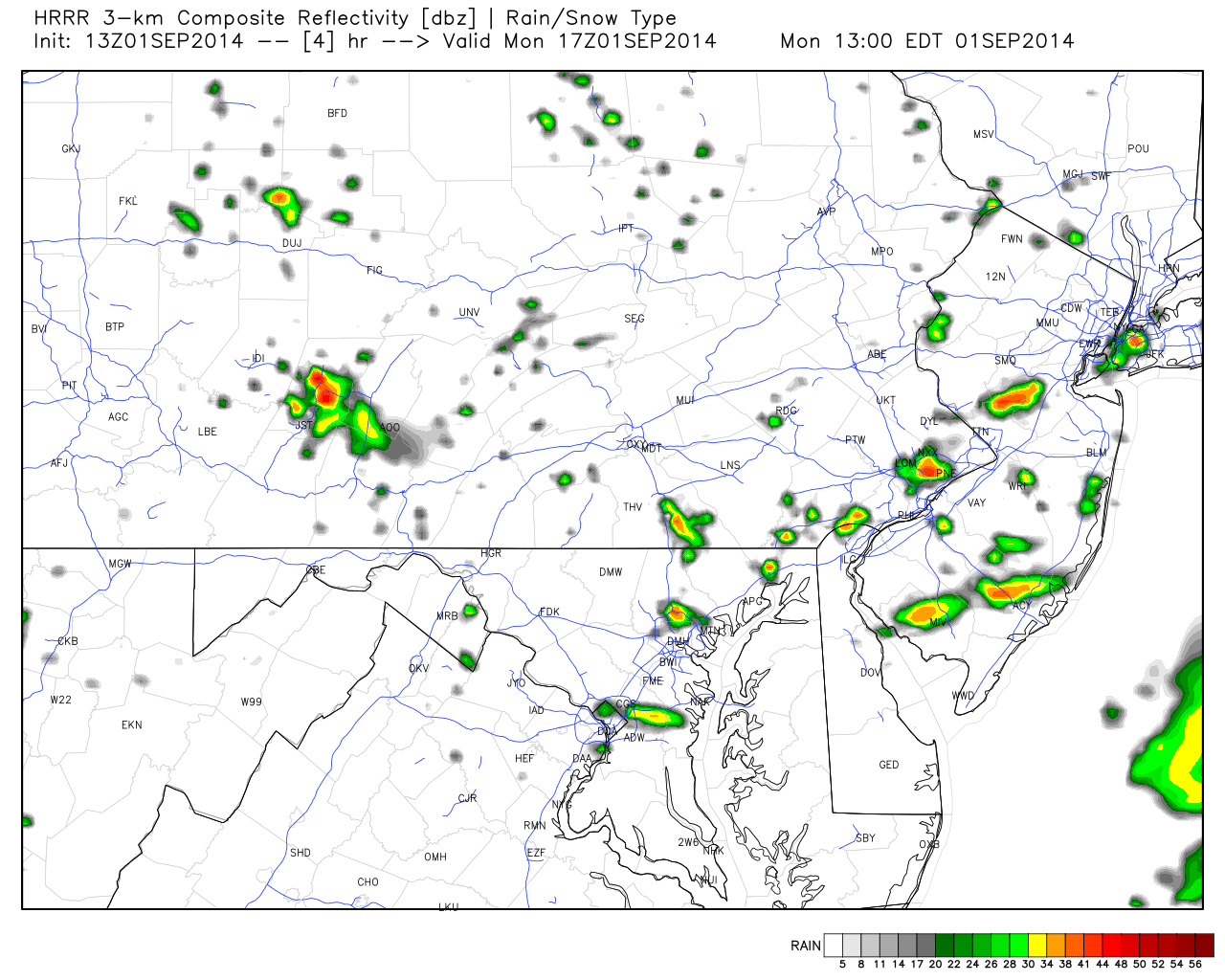 HRRR shows scattered hit-or-miss showers in new jersey for labor day