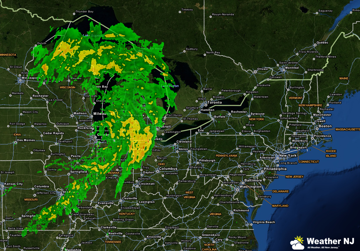 weather nj radar image of low pressure system over the great lakes heading into eastern canada bringing a cold frontal passage to new jersey