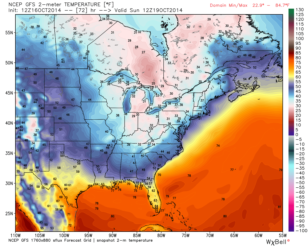 gfs surface temperatures cold shot invasion october 16