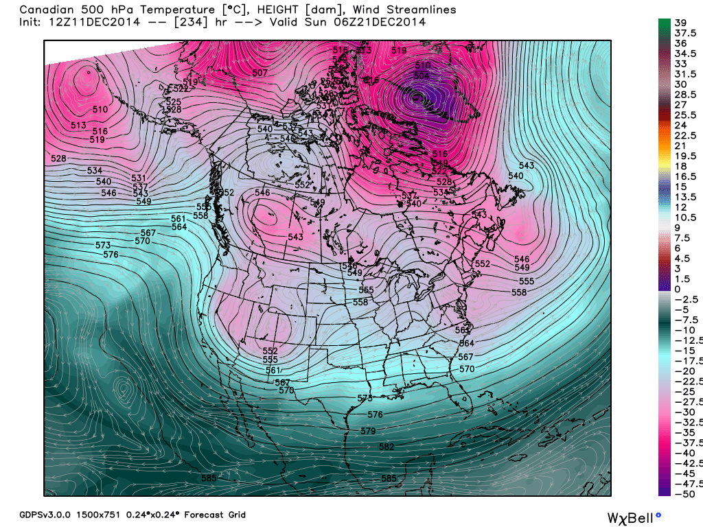 canadian 500mb heights and wind map for December 2014