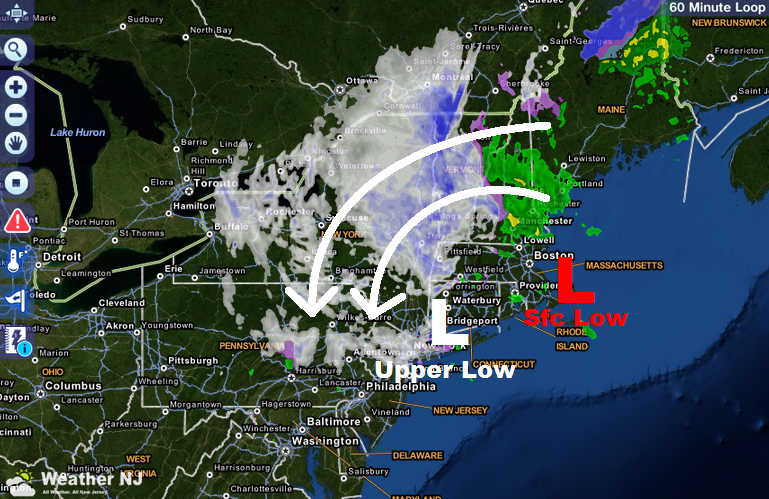 radar image with low pressure locations for december 9-11 coastal snow storm 2014