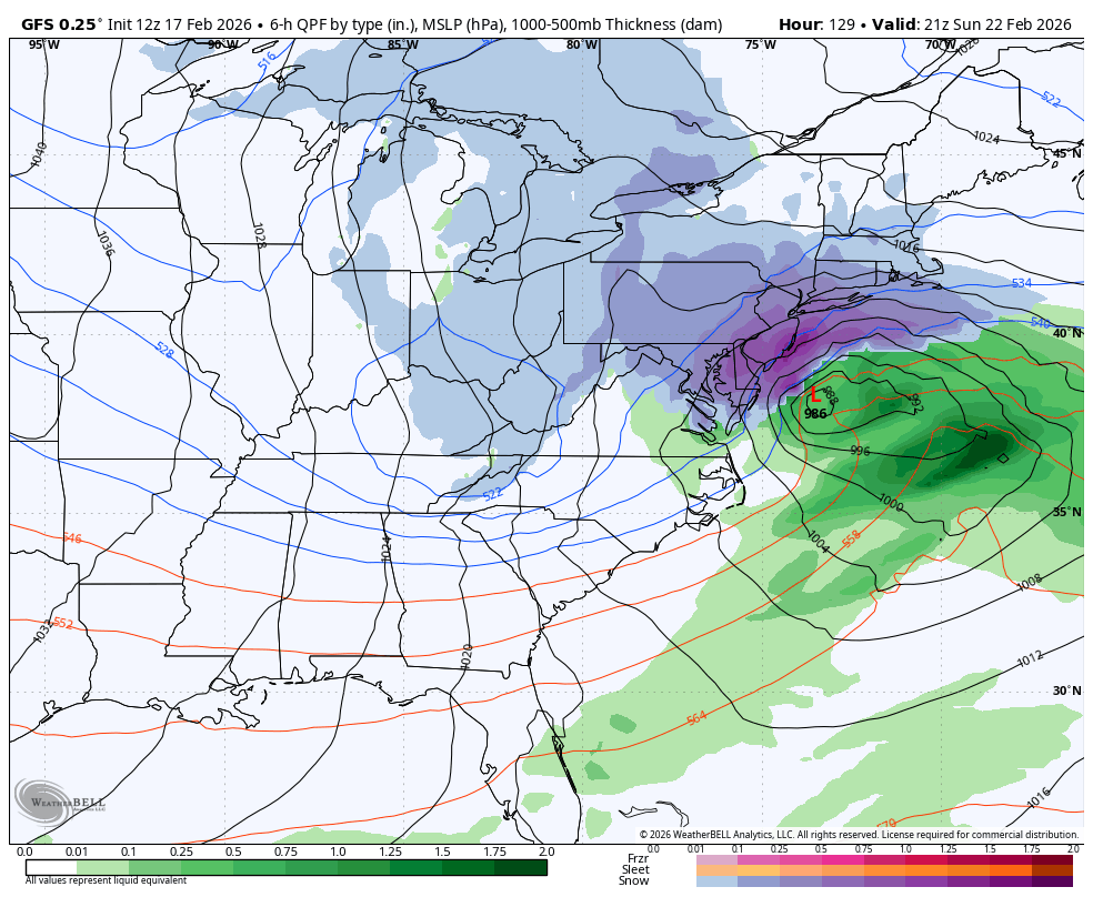 This image shows the GFS run of a New Jersey Weekend Snowstorm