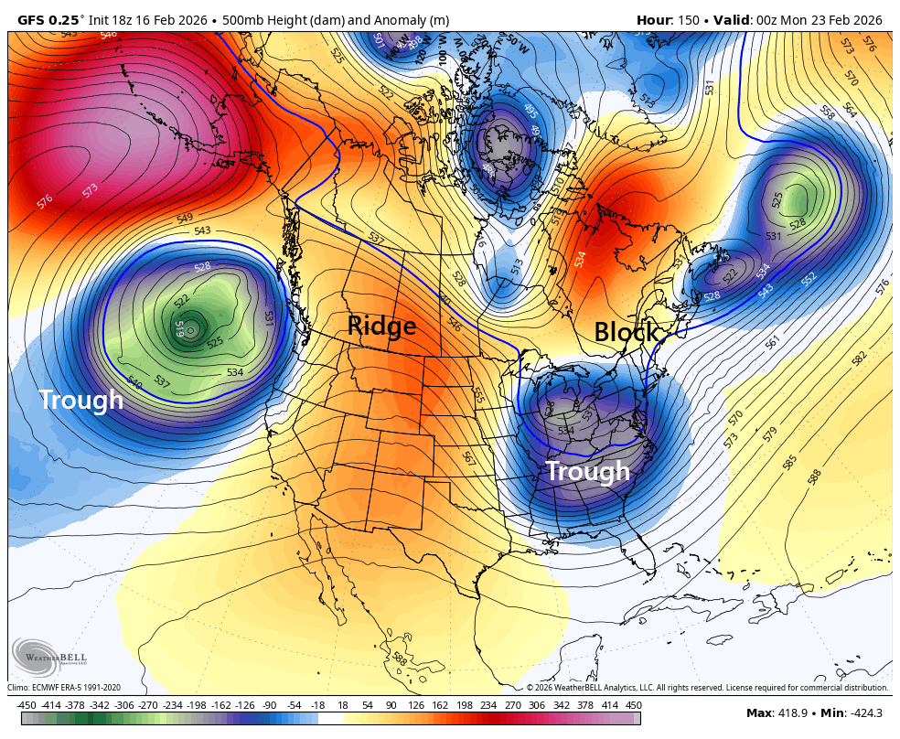 This image shows the upper level weather pattern associated with a potential New Jersey Weekend Snowstorm.